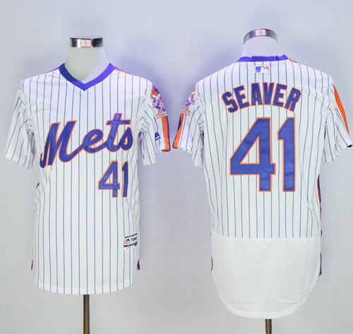 Mets #41 Tom Seaver White(Blue Strip) Flexbase Authentic Collection Alternate Stitched MLB Jersey - Click Image to Close